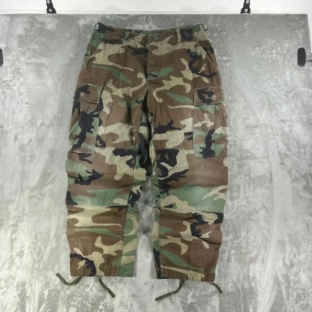 Camo Cargo Pants Mens 33x27 Green Ripstop Adjustable BDU Military Drawstring